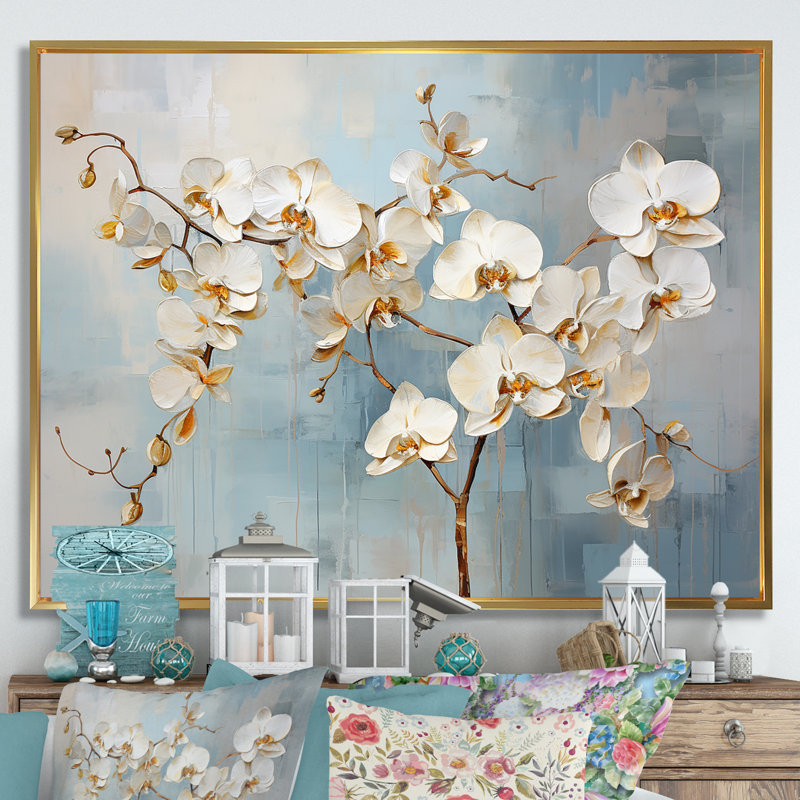 Orchidée beige et or I - impressions sur toile, Cadre flottant doré, H 34 po x l 44 po x P 1,5 po