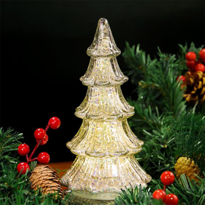 Lampe de table d'arbre de Noël en verre jaune 8 po - Décoration de fête à piles pour manteau de cheminée, tablette, fenêtre ou bureau