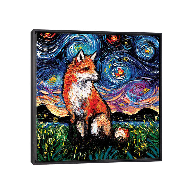 "Vulpine Night" par aja Trèves, reproduction d’art, H 37 po x l 37 po x P 1,5 po, Toile avec cadre noir patiné, Pas de tapis