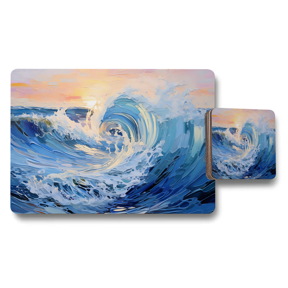 Ocean Wave Art Placemat And Coaster Set With Abstract Surf Design