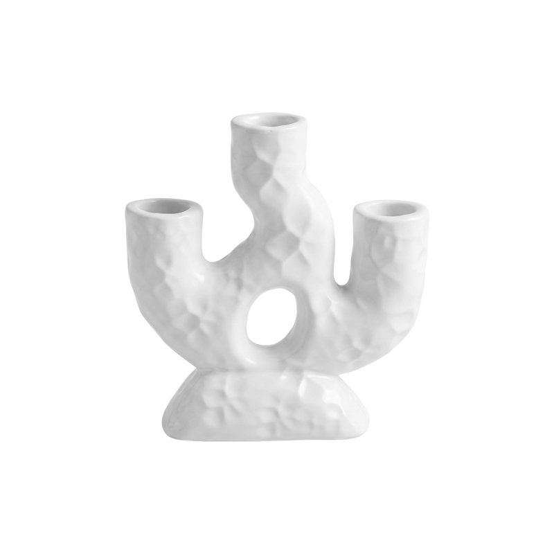 White Ceramic 3-Arm Candelabra, Sculptural Three-Arm Candle Holder for Taper Candles, Mantel, Console, or Dining Table