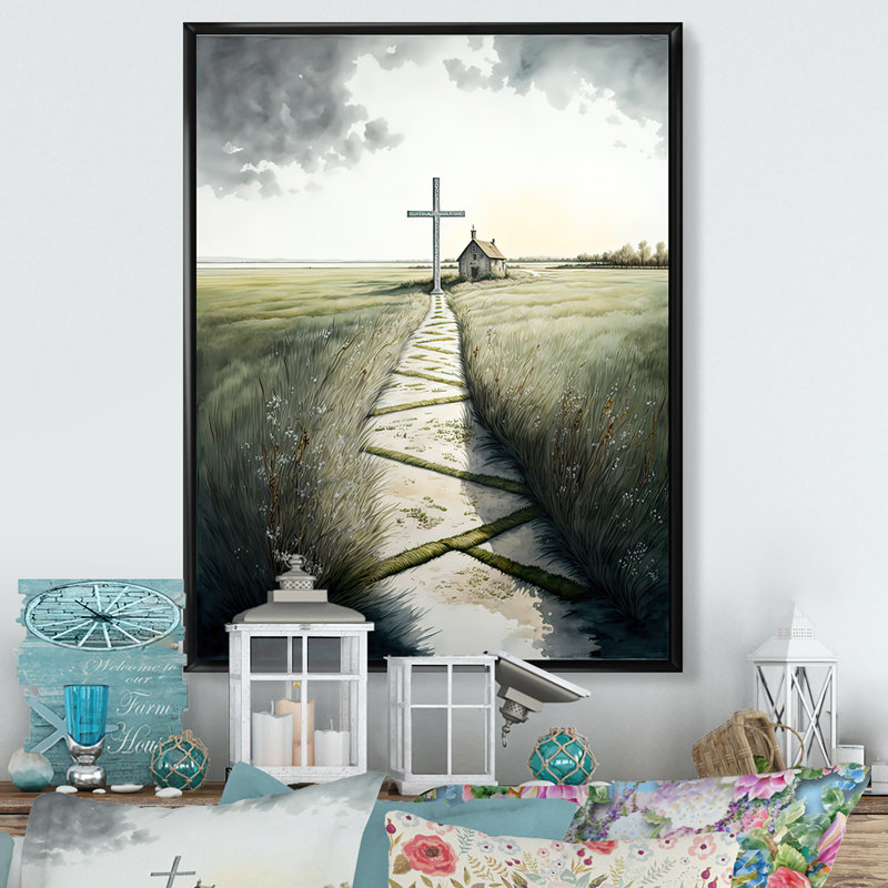 Arnecia " Cross Status On Winding Path I ", 20" H x 12" W x 1" D, Black Floater Framed Canvas