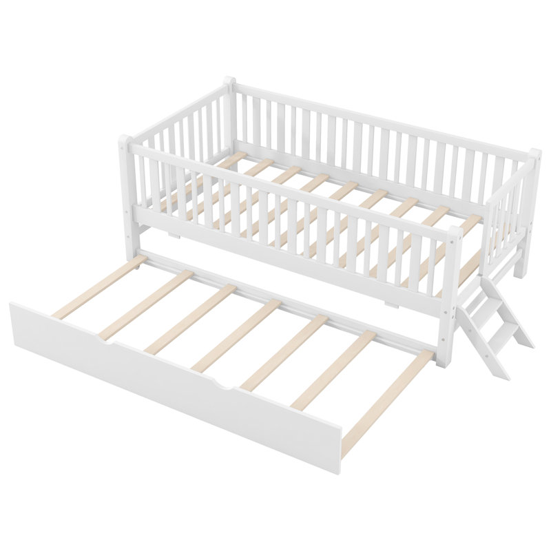 Lit plateforme simple avec lit gigogne et garde-corps en bois pour enfant, peu encombrant, blanc, Blanc