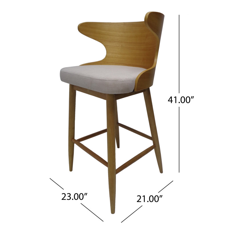 Light Beige Upholstered Wood Mid-Century Modern Barstools, Set of 2