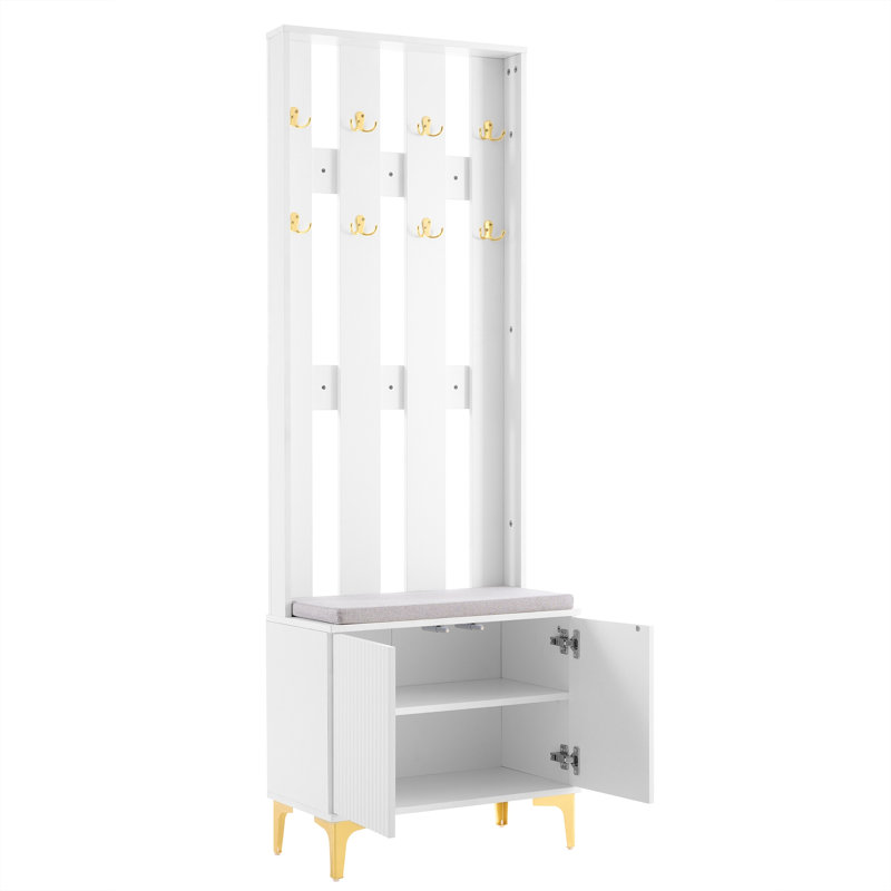 Modern Luxury 4-In-1 Hall Tree With Cushion, Versatile Coat Rack With 8 Hooks And Legs, Entryway Bench With Adjustable Shelves & Fluted Doors For Hallway, Living Room