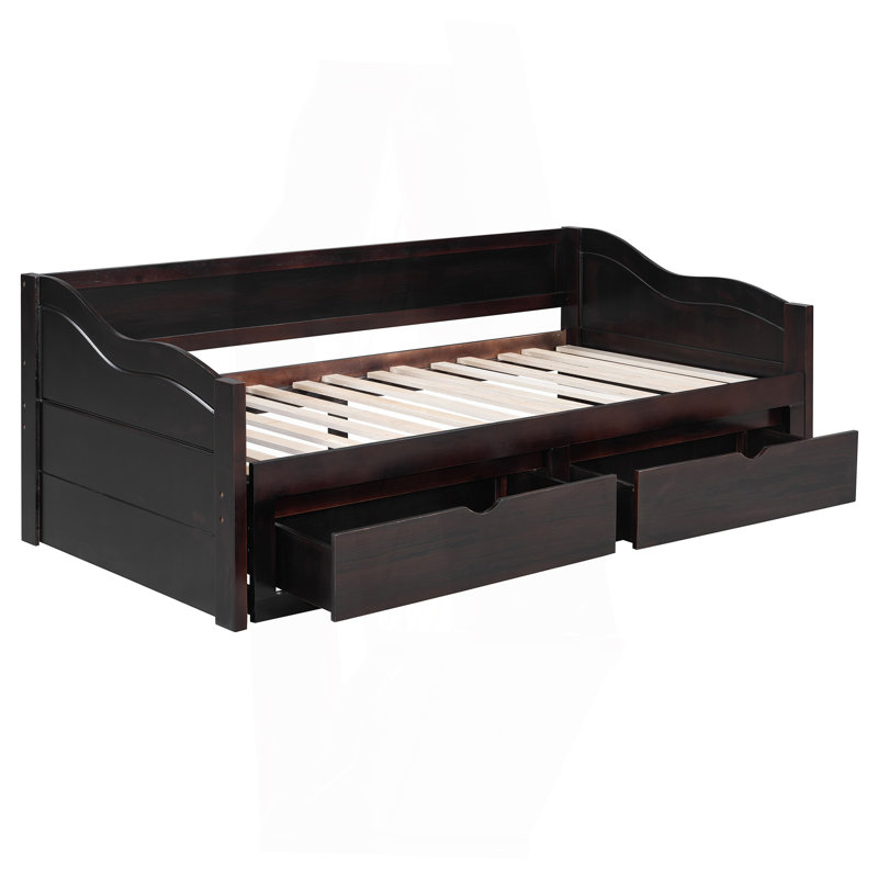 Wooden Daybed With Trundle Bed And Two Storage Drawers , Extendable Bed Daybed,Sofa Bed With Two Drawers, Espresso, Espresso