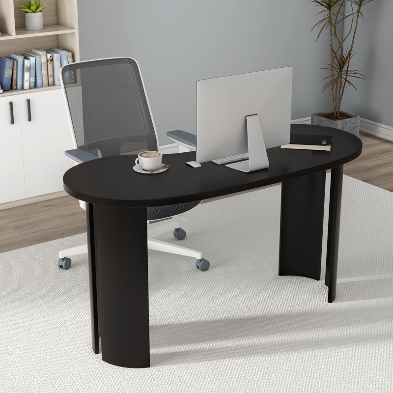 Black Home Office Table Modern U-Shaped Computer Desk 55.6x140cm