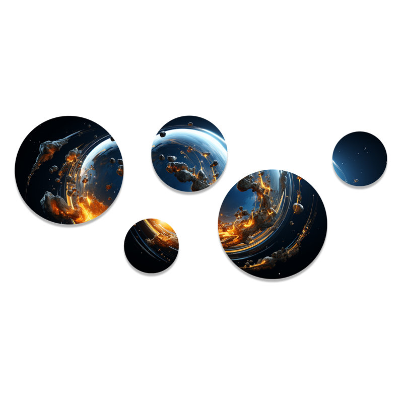 Planète Moléculaire jaune et noir - ensemble d'art mural rond de 5 planètes spatiales