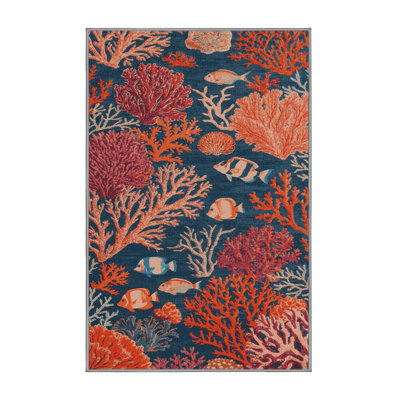 Washable Coral Garden Deluxe Coastal Area Rug