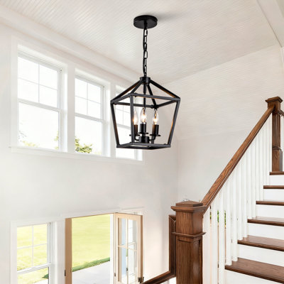 Farmhouse Lantern Chandelier 3-Light, Industrial Black Ceiling Light Fixture with Rustic Open Cage and Adjustable Hanging Height, E12 Base for Kitchen Island, Dining Room, Entryway, Foyer