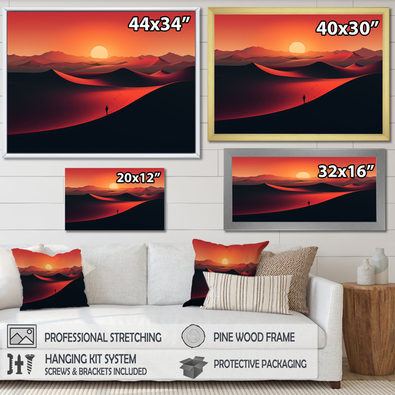 Marcher dans le désert du Sahara au coucher du soleil IV - désert, art mural, Cadre flottant doré, H 16 po x l 32 po x P 1 po