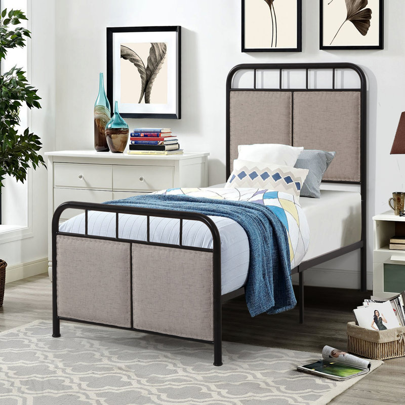 Base de lit simple tapissier en lin avec tête de lit et pied de lit en tissu