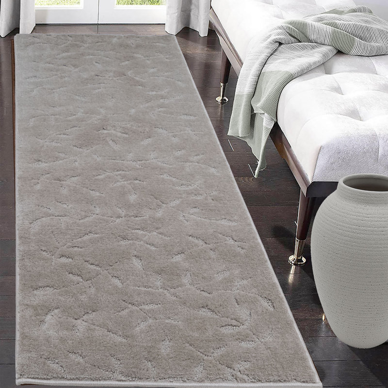 Floral Scroll Leaves Sand Gray Medium Pile Slip Resistant Rug, Runner 2'2" x 16'