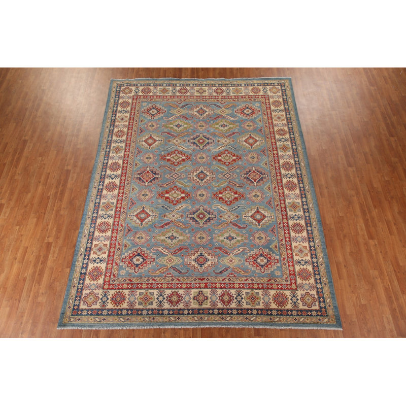 Tapis oriental géométrique bleu Kazak 9