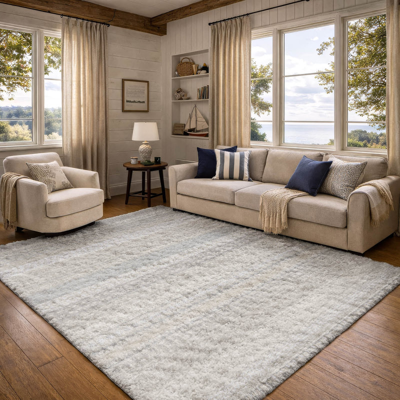 Premium Machine Washable Dream Shag ADS576 Striped Rug, 5' x 7'6", Ivory