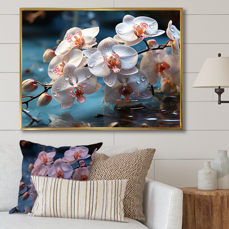 «Aquamarine Orchids Sway By A Tranquil Pond I», reproduction sur toile, Cadre flottant doré, H 30 po x l 40 po x P 1,5 po