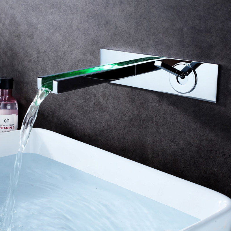 Sumerain Modern Wall Mount Bathroom Sink Faucet with LED Temperature Indicator, Adjustable Height Single Handle Vessel Faucet, Chrome