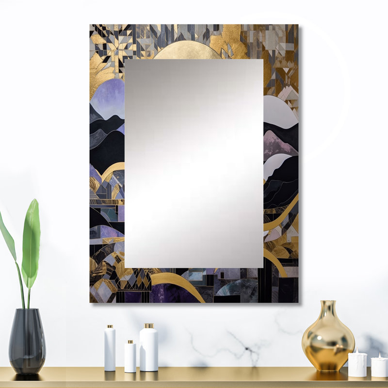 Golden Rising Moon I - paysage grand miroir mural, miroir doré unique, reproduction d'art en métal, 32 po x 24 po