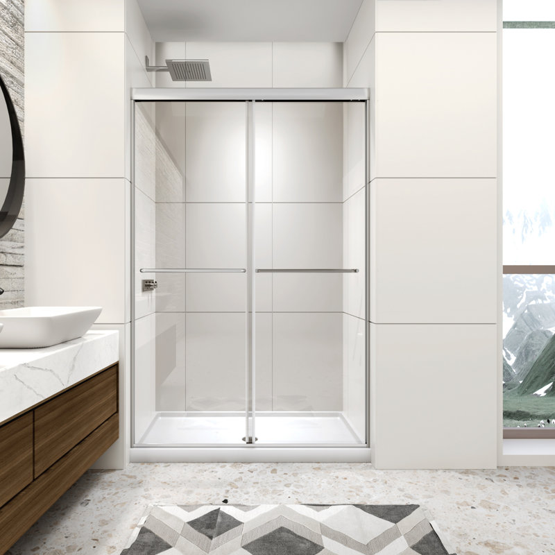 Porte de douche double avec cadre 44 x 48 po x H 70 po avec porte en verre trempé transparent de 1/4 po (6 mm), 2 barres à serviettes pour salle de bain, portes de douche à finition chromée, installation réversible