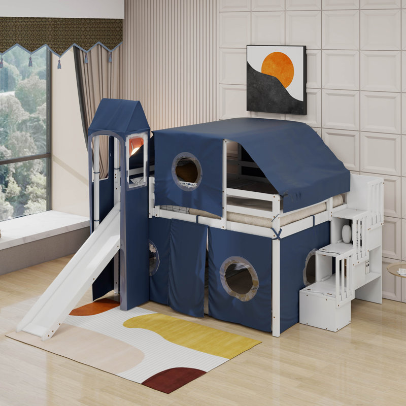Lit mezzanine double avec tente et tour, Bleu