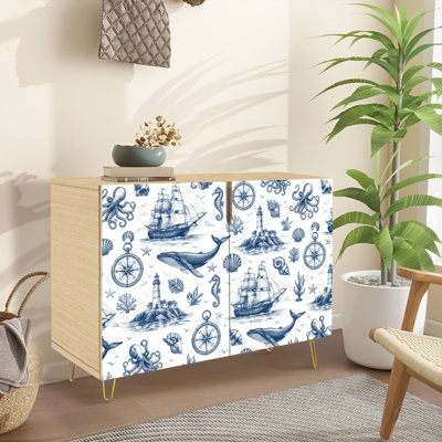 Buffet bahut avec rangement et éléments nautiques de phares de baleines rétro avec 2 portes pour le salon et la cuisine