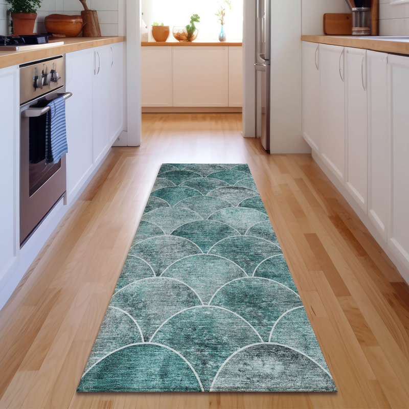 Premium Machine Washable Cerrito AMF594 Teal Rug, Runner 2'3" x 7'6"