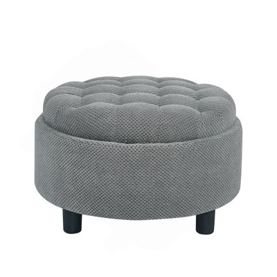 25Inch Round Storage Ottoman With Tray, Moderntufted Fabric Circle Coffee Table With Storage, Upholstered Ottoman With Removable Top For Living Room, Bedroom,Light Grey