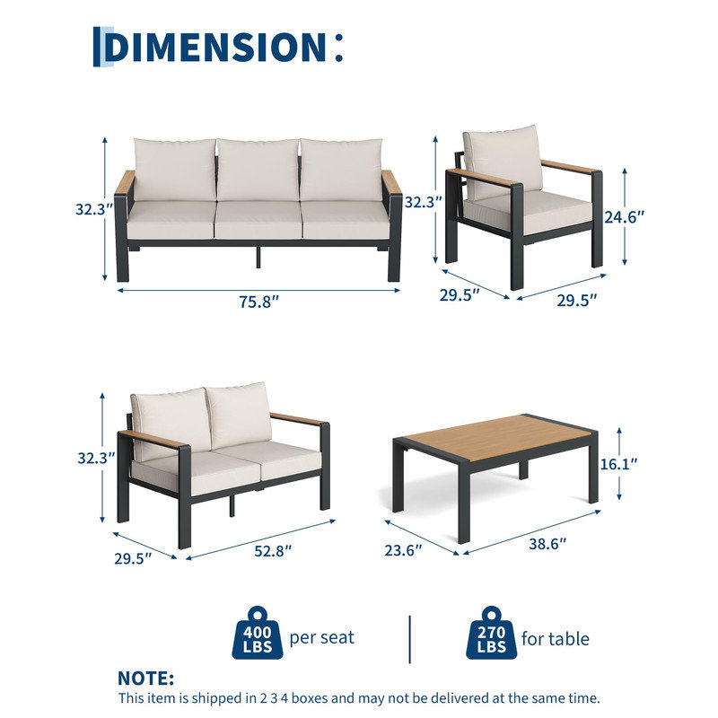 5-Piece Aluminum Patio Conversation Set with Thick Cushions & Coffee Table – Ideal for Porch, Deck, or Yard, Beige