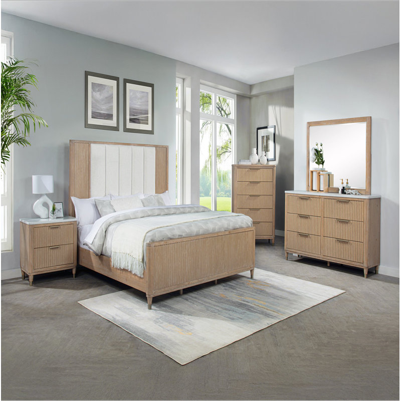 Commode moderne à 6 tiroirs avec finition en bois et quincaillerie en laiton, Bois naturel