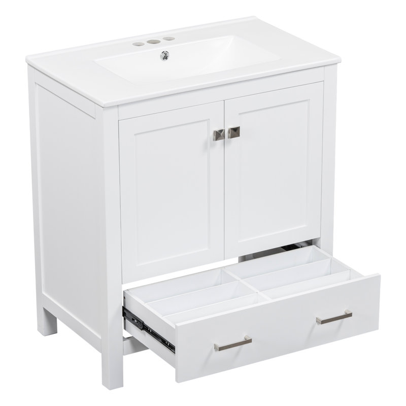 Armoire de salle de bain blanche 30 po, meuble-lavabo à simple cuve, structure en bois massif, 2 portes et 1 tiroir, fonction de fermeture en douceur pour une durée de vie pratique + lavabo encastré, choix de rangement tendance