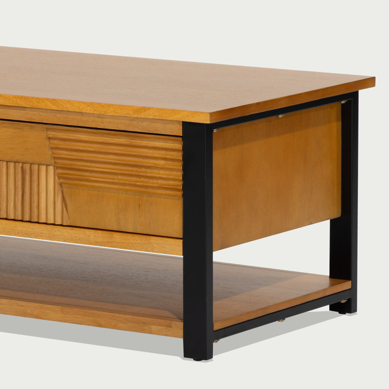 Trapeze Modern Industrial Coffee Table - Teak Brown Finish Table with Iron Legs, Open Shelf & Slatted Storage Door