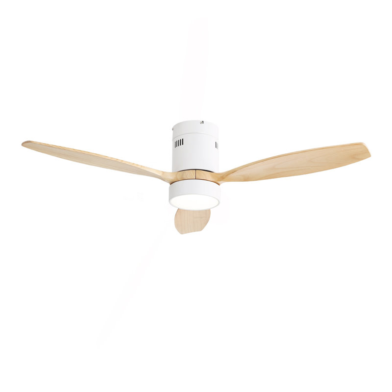 52 Inch Flush Mount Ceiling Fan DC 3 Solid Wood Fan Blade Noiseless Reversible Motor Remote Control With Light