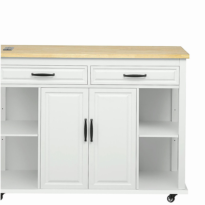 47-inch Expandable Dining Table Kitchen Island, Rubber Wood Veneer Kitchen Table, with Internal Storage Shelves, Power Outlets, Kitchen Island with 2 Drawers and 2 Cabinets, White