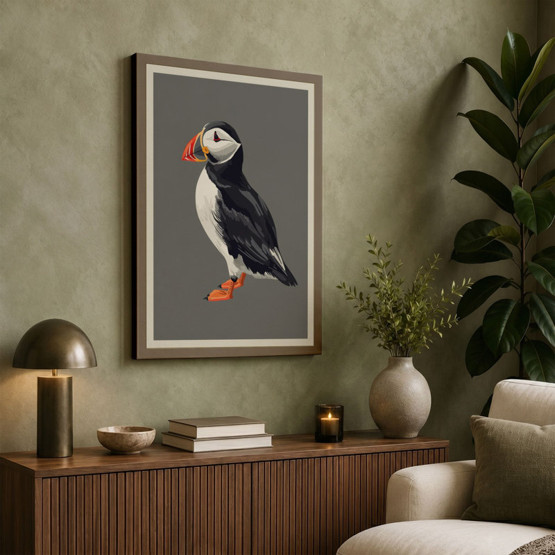 Puffin Profile Botanical - Wrapped Canvas, 24x16 - 61.0 x 40.6 cm, White Border