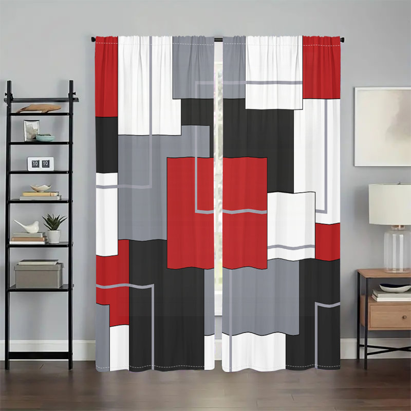 Pcs Modern Geometric Color Block Window Curtains Red Grey White Black Patchwork Pattern Rod Pocket Panels Light Filtering Drapes for Living Room Bedroom Home Office Decor