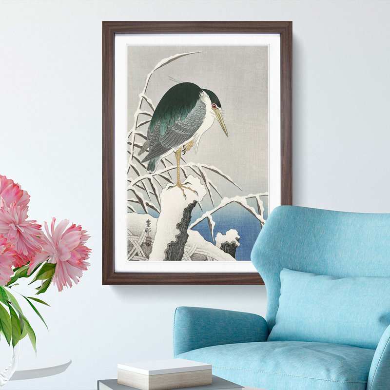 A Heron In The Snow by Ohara Koson - Single Picture Frame Painting, 33cm H x 24cm W x 2cm D, Walnut  Bordered Framed Paper