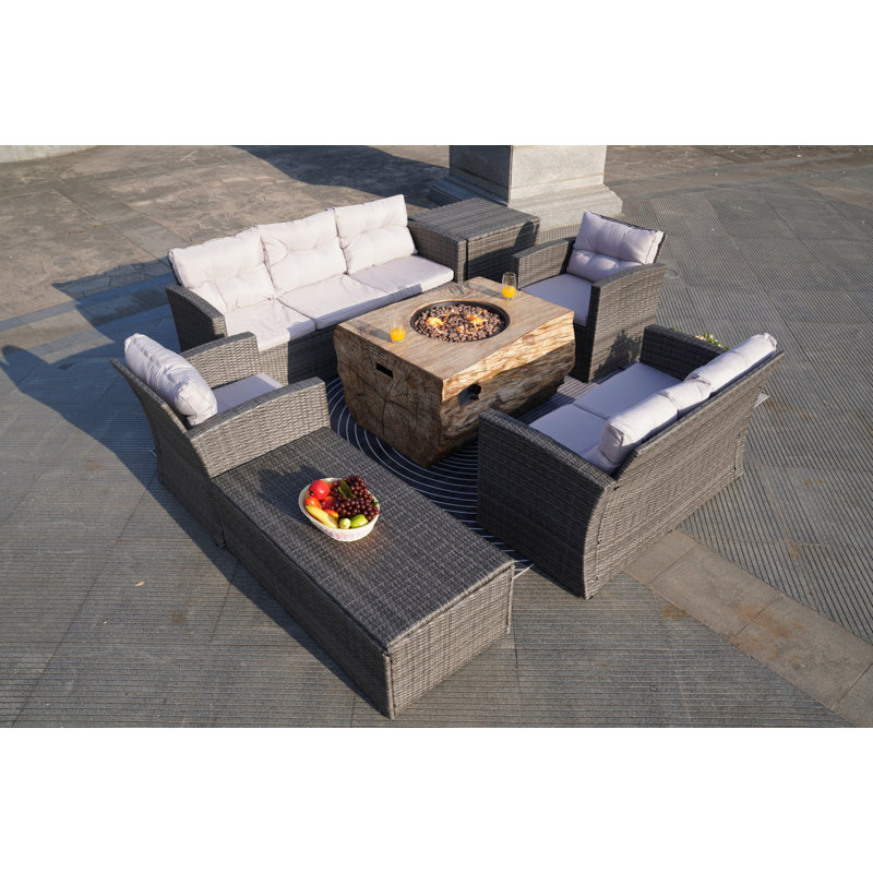 Small firepit with 1503 Wicker 7 - Person Patio Conversation Set with Cushions