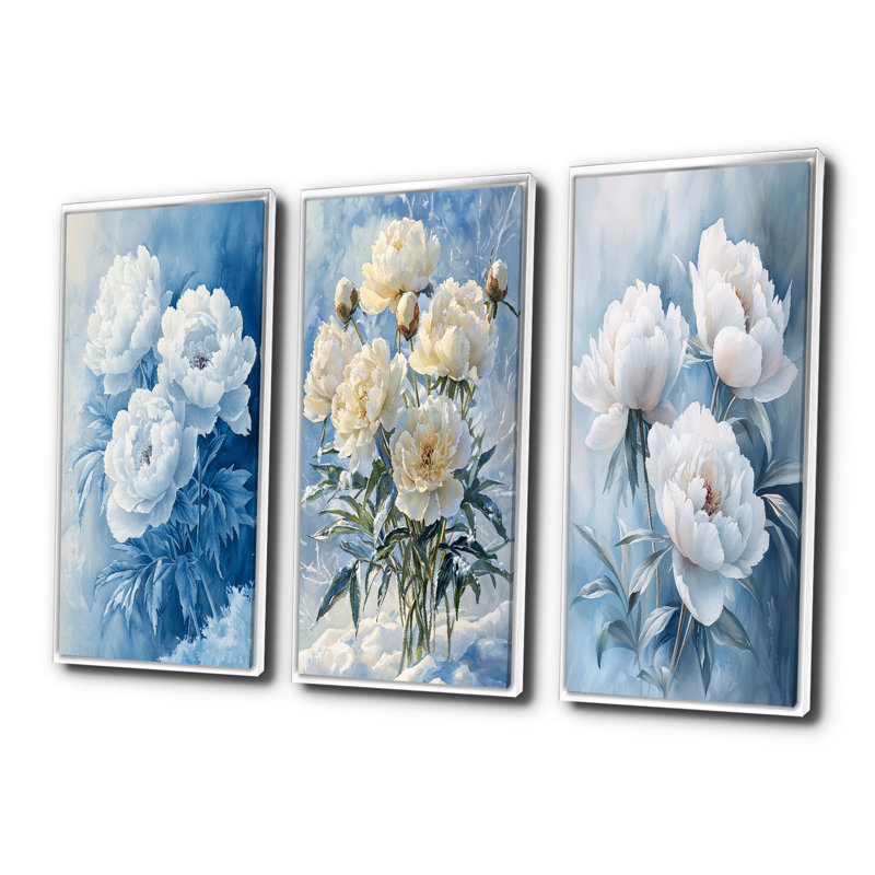 Frost Kissed Pivoines I - Collection de décorations murales traditionnelles, H 28 po x l 36 po, Impression encadrée flottante