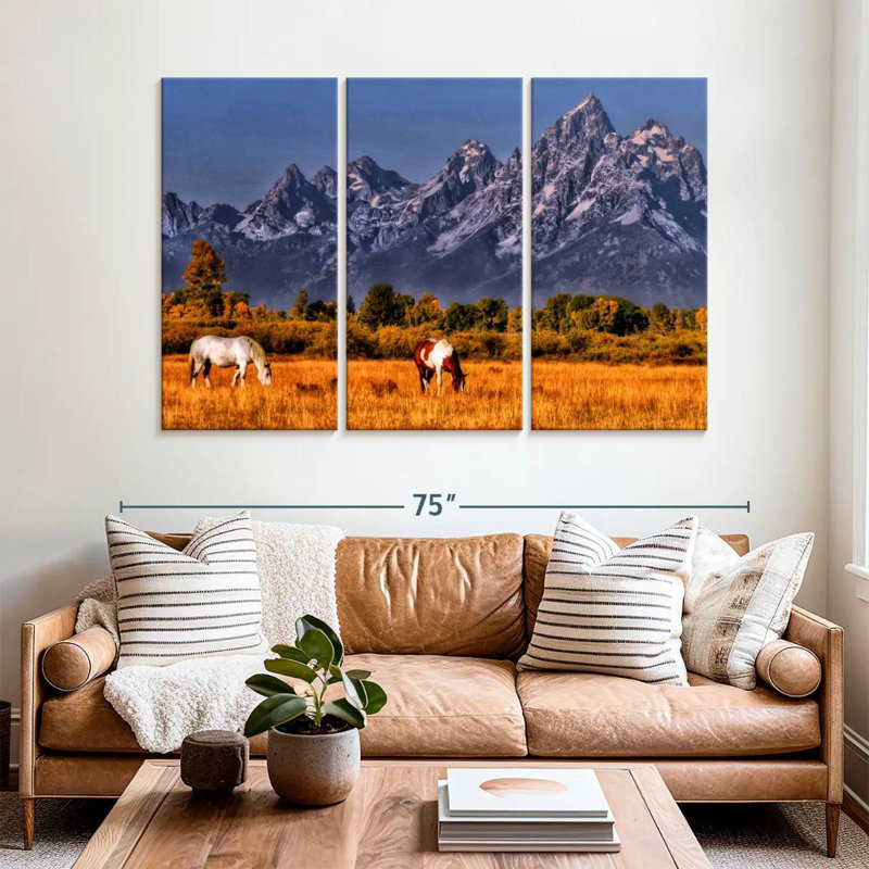 Chevaux d'Alvord broutant à Grand Teton, H 42 po x l 65 po
