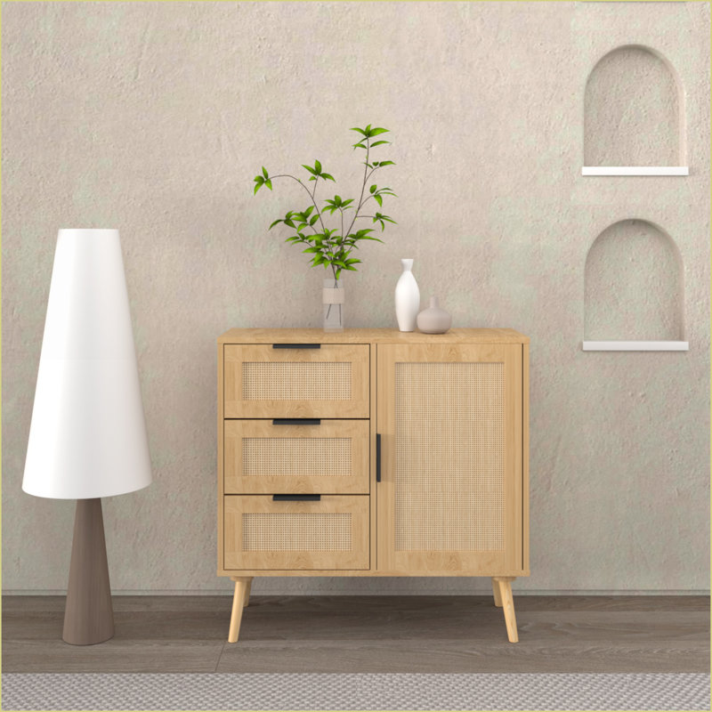Armoires, armoire de rangement moderne en bois + rotin avec 3 tiroirs Tablette réglable | Noyer brun | Chambre à coucher
