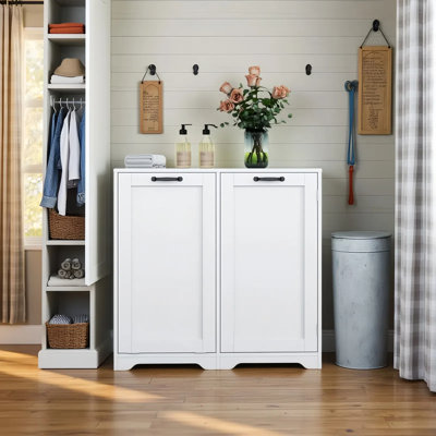 Freestanding Laundry Cabinet With Tilt-Out Hamper & Adjustable Shelf,Door Shelve Design