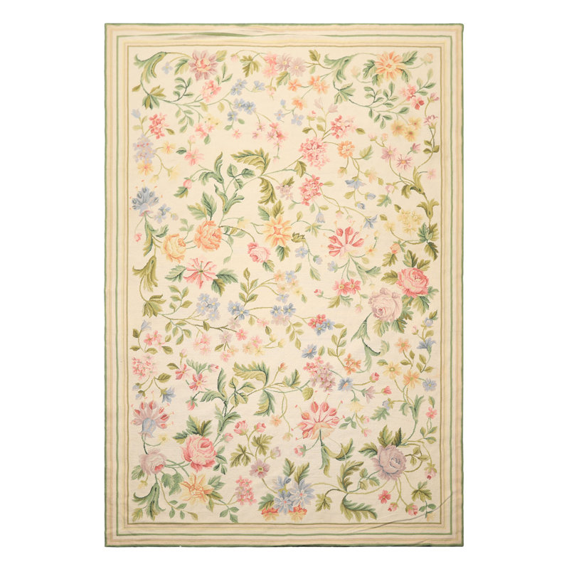 Tapis traditionnel ivoire en laine tissé à la main 6 x 9 po Aubusson