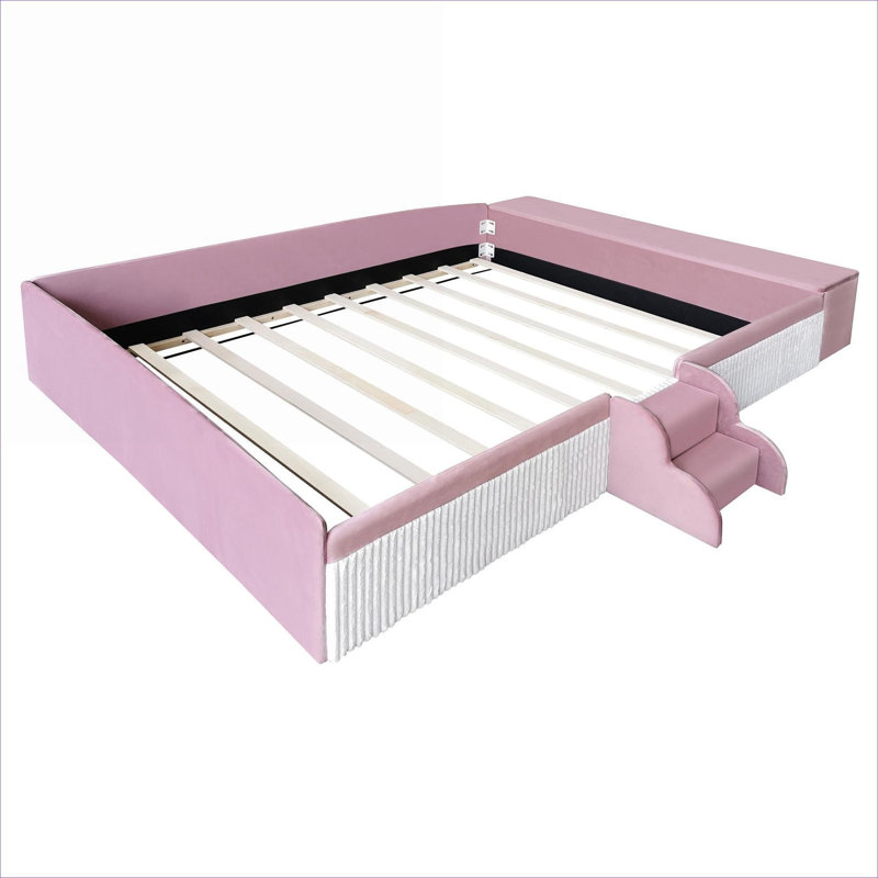 Grand lit de jour rembourré en velours grand format, design contrastant avec repose-pieds avec rangement et escalier facile, rose et blanc doux