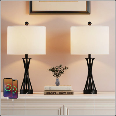 24 Inch Modern Black Metal Table Lamps with USB Type-C Ports and Linen Shades, Perfect for Bedrooms, Offices, and Living Rooms(Set of 2)