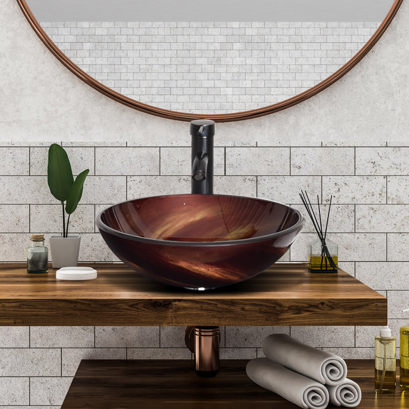 Lavabo de salle de bain vasque circulaire en verre trempé avec robinet Beyo Brown, Brun Beyo