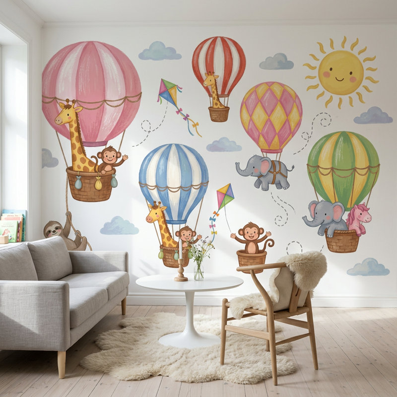 Ballons à air chaud fond d'écran mignon animaux chambre d'enfant amovible décoration murale, 160 po x 108 po, Non tissé