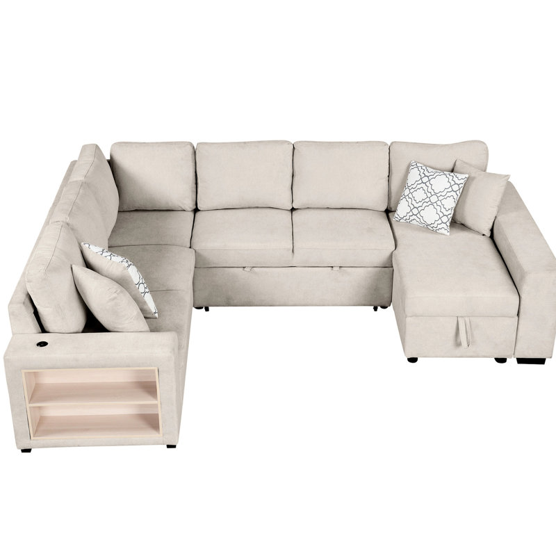 Canapé modulaire de 109 po avec ports, rangement caché et fonction de lit en U en chenille beige, compartiment organisé