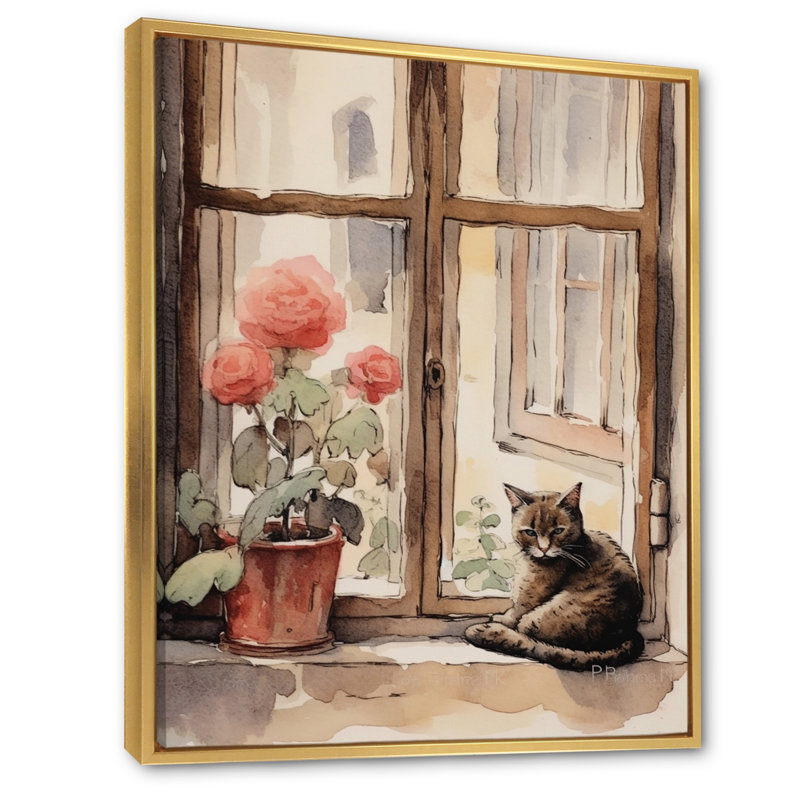 " Orange Cat Sitting On Windowstill Watercolor I ", Gold Floater Framed, 32" H x 24" W x 1" D