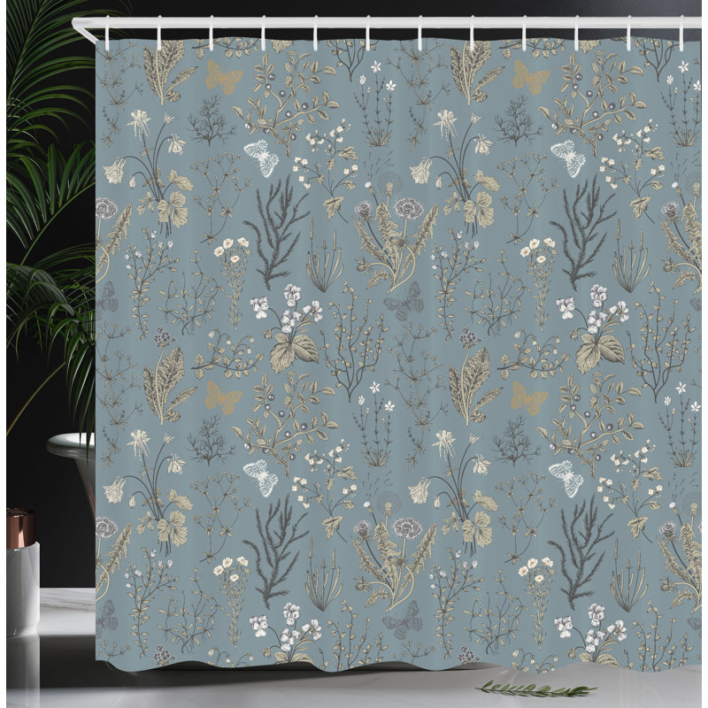 Dark Cadet Blue Floral Fabric Shower Curtain with Hooks
