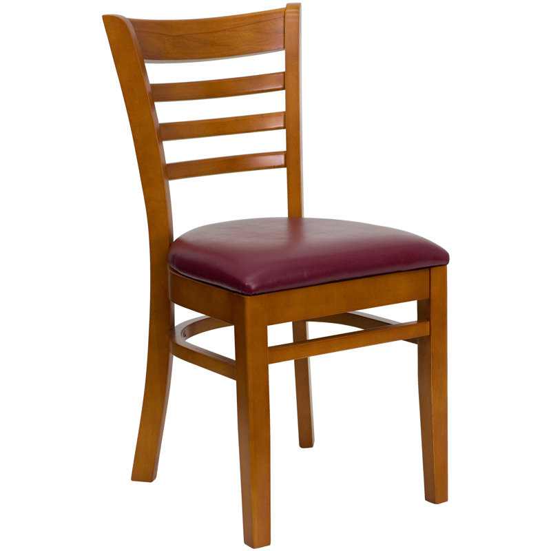 Cherry Wood & Burgundy Vinyl Upholstered Ladderback Side Chair